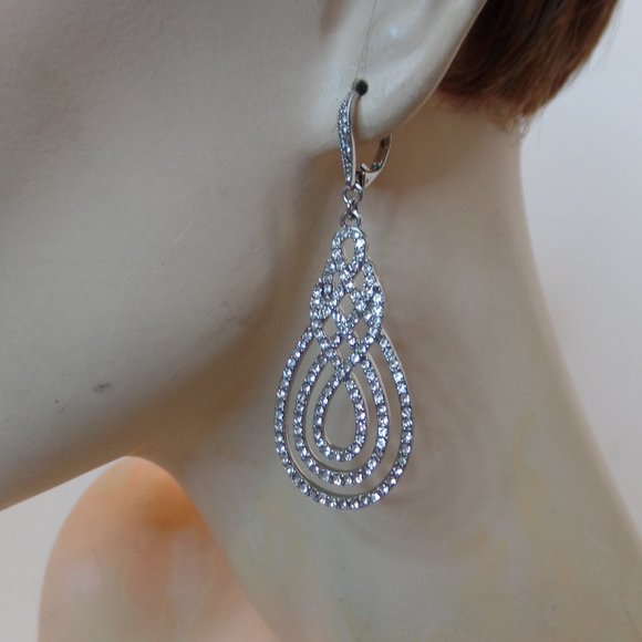 Bee Logo Jewelry - Sparkling Silvertone Chandelier Leverback Earrings Brand New On Card (Bee Logo)